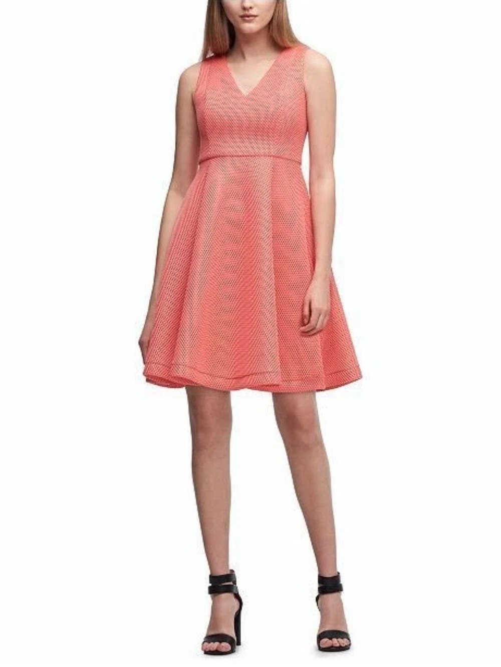 Dkny Orange Scuba Mesh V-Neckline Fit & Flare Dress Size 14 Melon Coral NWT!